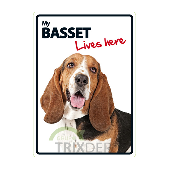 Señal A5 'Basset Hound - Lives Here', 14.8 x 21 cm